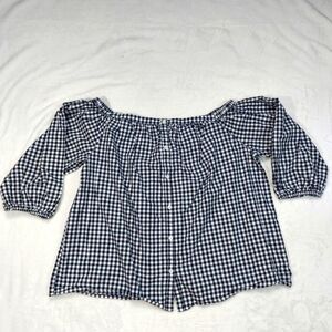 MERONA WOMEN'S NAVY BLUE AND WHITE GINGHAM OFF THE SHOULDER BLOUSE SIZE XL